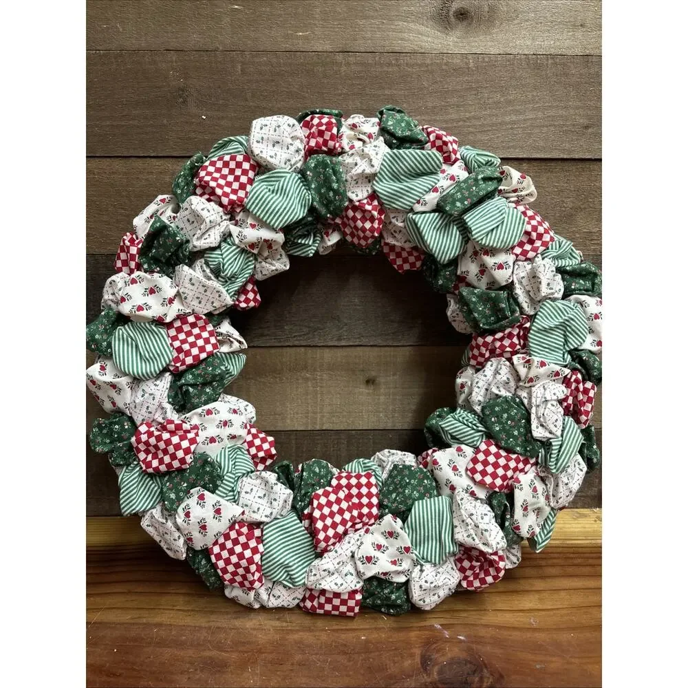 Christmas Themed Rag Wreath Handmade Red White Green Holiday Festive Decor 17”
